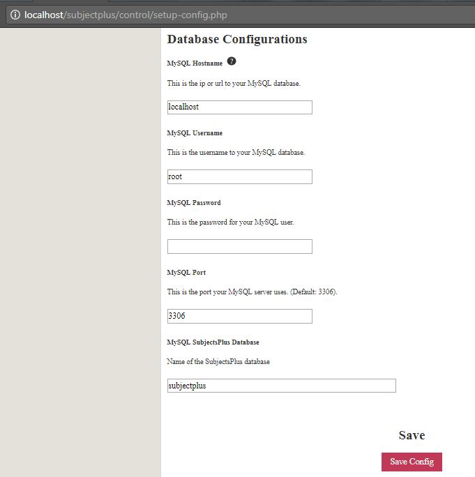 Database configurations for SubjectPlus