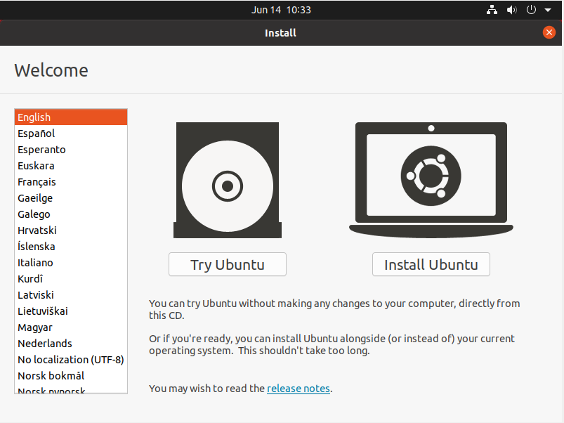 First Ubuntu Installation Screen