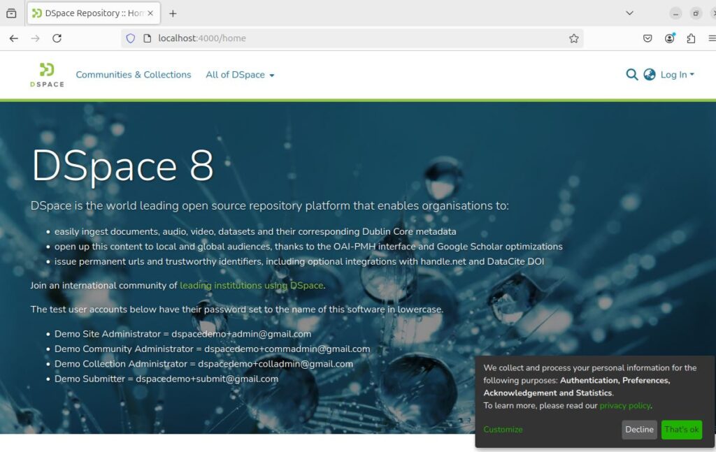 DSpace 8 Home screen